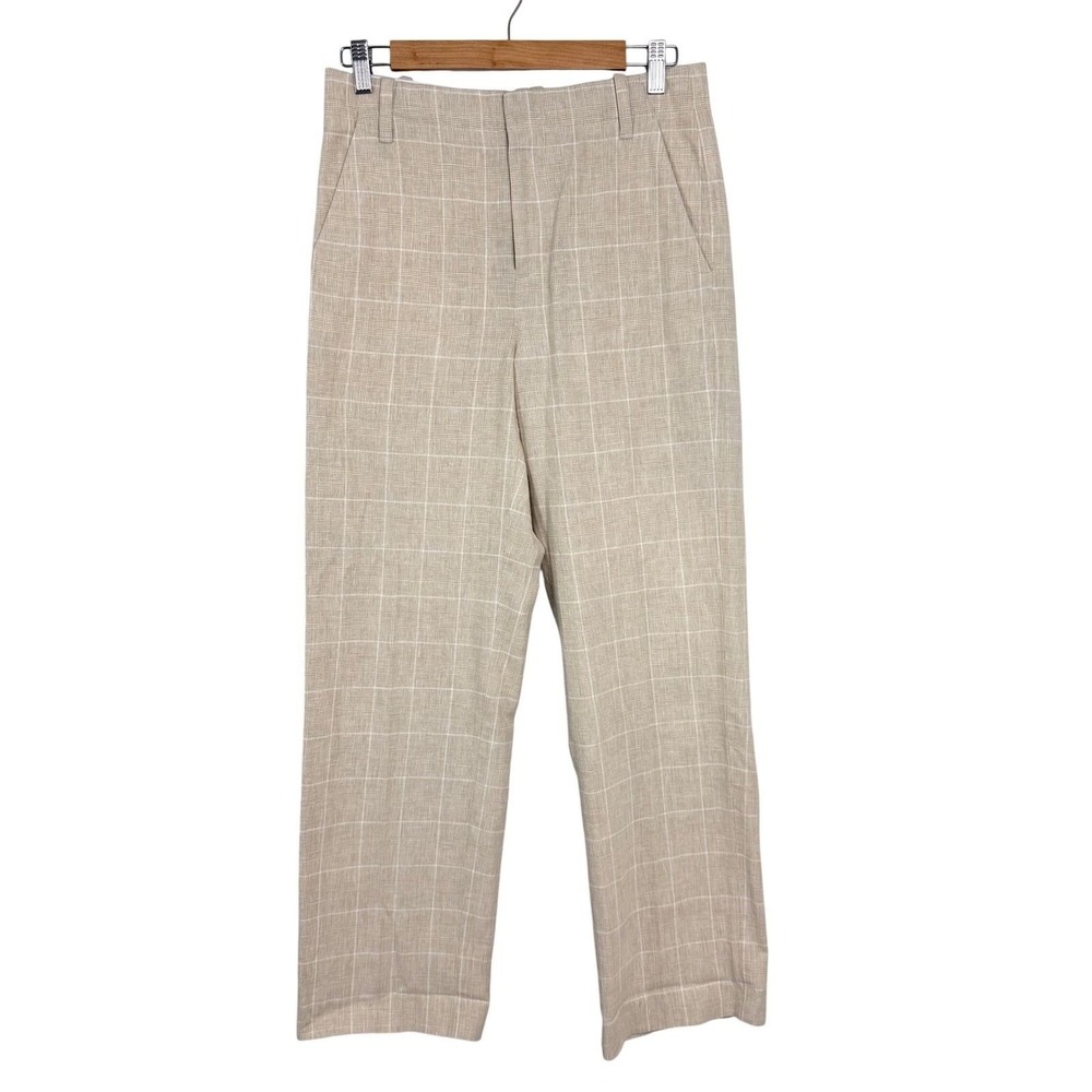 Madewell Linen Blend Windowpane Plaid Straight Leg Trousers Tan White  2